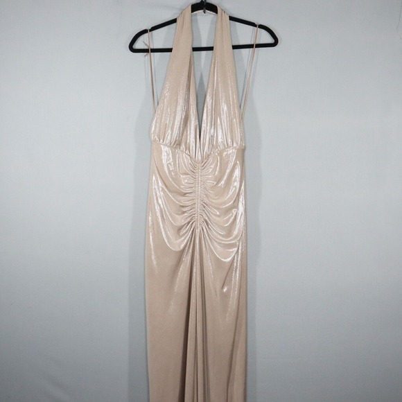 Zara Maxi Dress Med Shimmery Metallic Champagne Lined Deep V Neck Evening Gown - Picture 1 of 9